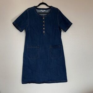 WinterSilks Women's Blue Denim Henley Shift Dress Short Sleeve Pockets Size L